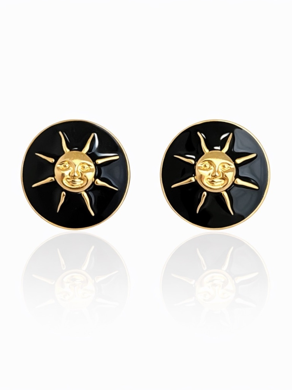 Gold Sun Face Black Enamel Stud Earrings